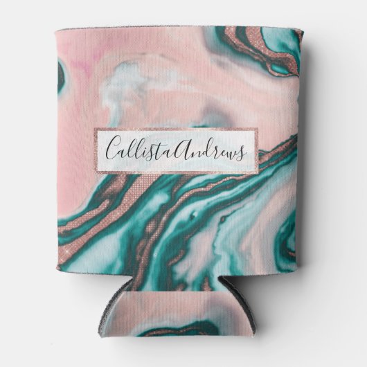 バラ金ゴールドグリッターピンクティール（緑がかった色）渦巻形のマ絵を描ーブル 缶クーラー (正面)