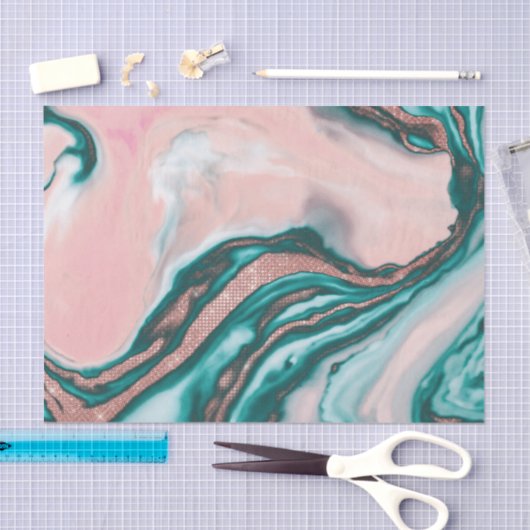 バラ金ゴールドグリッターピンクティール（緑がかった色）渦巻形のマ絵を描ーブル 薄葉紙 (クラフト)