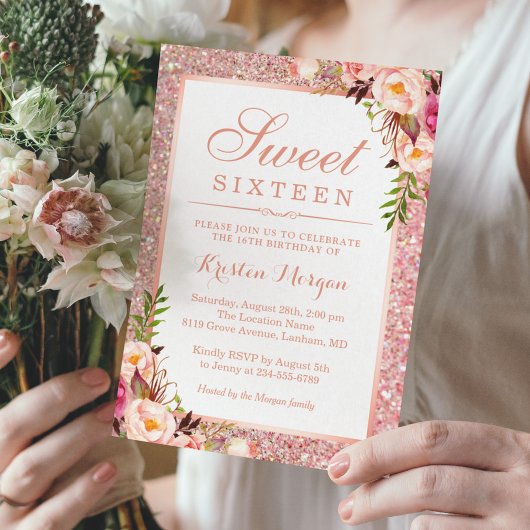 バラ金ゴールドグリッターピンクフローラスウィート16誕生日 招待状