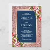 バラ金ゴールドグリッターピンクフローラネイビーブルー結婚ズ 招待状 (正面)