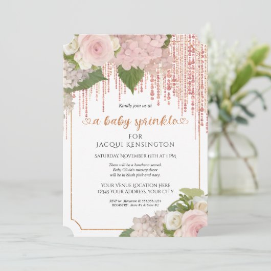 バラ金ゴールドグリッターピンクフローラベビーガールスプリンクル 招待状 (スタンド正面)