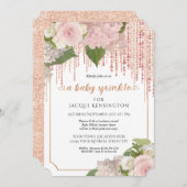バラ金ゴールドグリッターピンクフローラベビーガールスプリンクル 招待状 (正面/裏面)