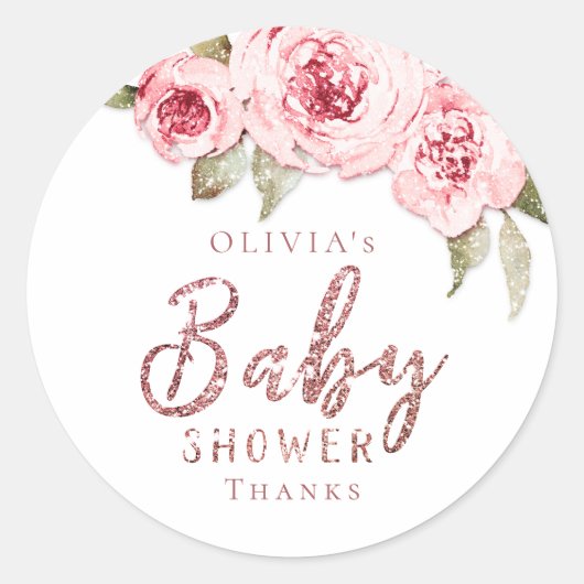 バラ金ゴールドグリッターピンクフローラベビースシャワー ラウンドシール (正面)