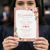 バラ金ゴールドグリッターピンクフローラ卒業パーティー 招待状