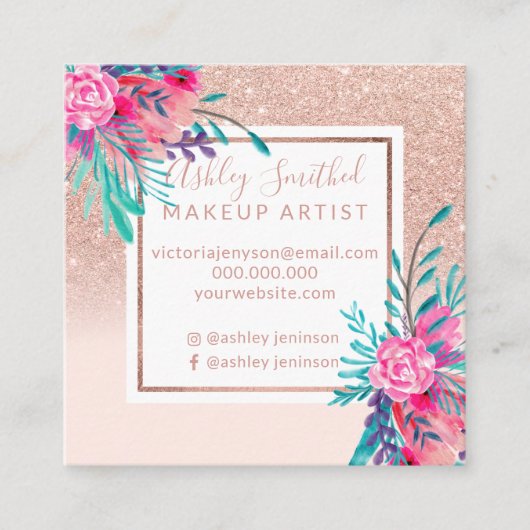 バラ金ゴールドグリッターピンクフローラ水彩化粧 スクエア名刺 (正面)