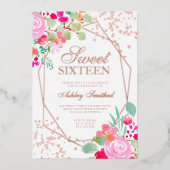 バラ金ゴールドグリッターピンクフローラ水色Sweet 16 箔招待状 (正面)