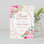 バラ金ゴールドグリッターピンクフローラ水色Sweet 16 箔招待状 (立ち正面)