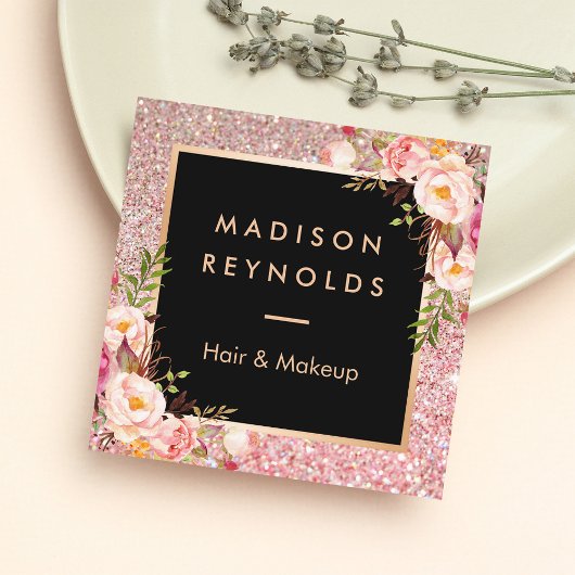 バラ金ゴールドグリッターピンクフローラ美しいサロン スクエア名刺
