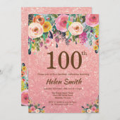 バラ金ゴールドグリッターピンクフローラ100誕生日 招待状 (正面/裏面)