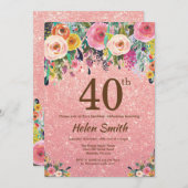 バラ金ゴールドグリッターピンクフローラ40歳誕生日 招待状 (正面/裏面)