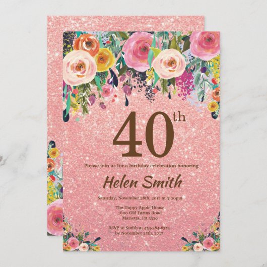 バラ金ゴールドグリッターピンクフローラ40歳誕生日 招待状 (正面/裏面)