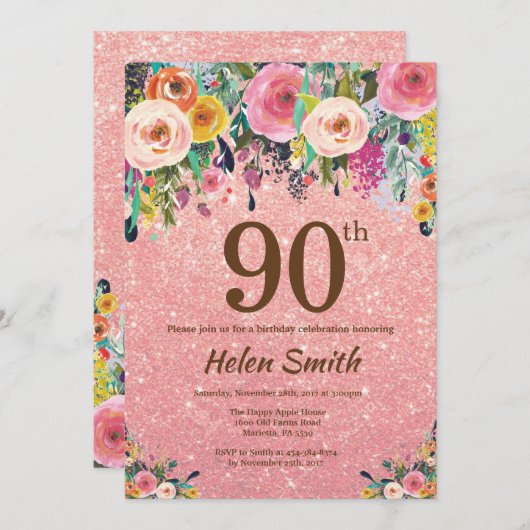 バラ金ゴールドグリッターピンクフローラ90誕生日 招待状 (正面/裏面)