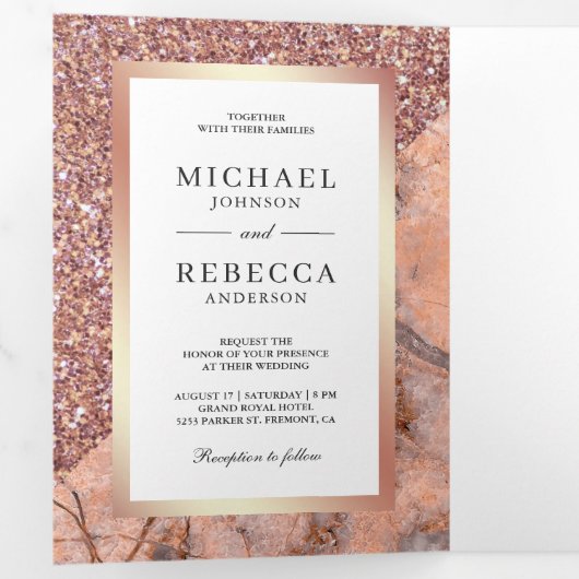 バラ金ゴールドグリッターピンクマーブルフォト結婚ズ 三つ折り招待状 (内部最初)