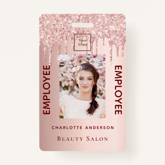 バラ金ゴールドグリッターピンク写真美しいサロン社員 バッジ (正面)