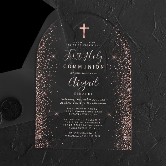 バラ金ゴールドグリッターピンク文字アーチファースト聖餐式 アクリル招待状