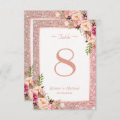 バラ金ゴールドグリッターピンク結婚フローラのテーブル番号 出欠カード (正面/裏面)