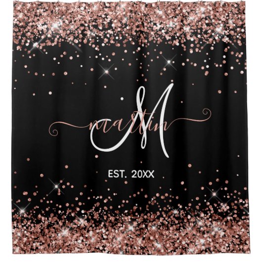 バラ金ゴールドグリッターファミリーモノグラムブラック シャワーカーテン (正面)