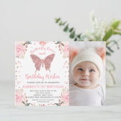 バラ金ゴールドグリッターフォトバタフライキス誕生日 招待状 (スタンド正面)