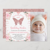 バラ金ゴールドグリッターフォトバタフライキス誕生日 招待状 (正面/裏面)