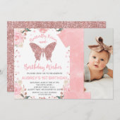 バラ金ゴールドグリッターフォトバタフライファースト誕生日 招待状 (正面/裏面)