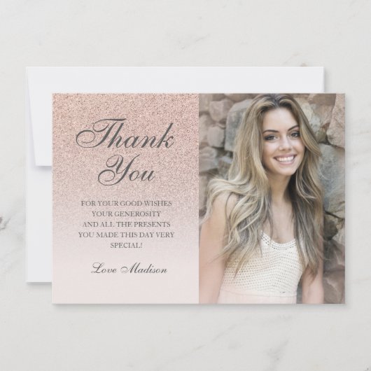 バラ金ゴールドグリッターフォトユー感謝していシックQuinceanera サンキューカード (正面)
