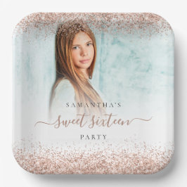 バラ金ゴールドグリッターフォト名Sweet sixteenパーティー ペーパープレート