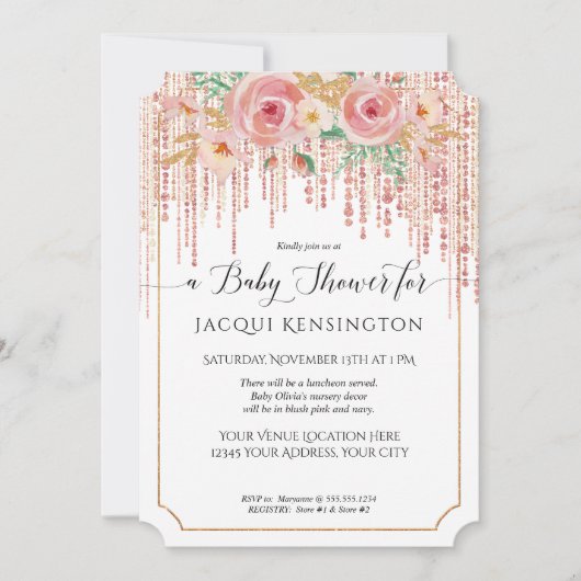 バラ金ゴールドグリッターフリンジ赤面ピンクフローラシャワー 招待状 (正面)