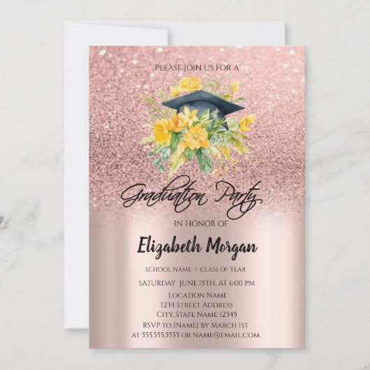 バラ金ゴールドグリッターフローラグラッドキャップ卒業 招待状 (正面)
