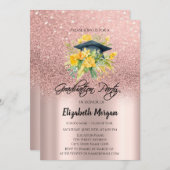 バラ金ゴールドグリッターフローラグラッドキャップ卒業 招待状 (正面/裏面)