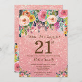 バラ金ゴールドグリッターフローラサプライズ21歳誕生日 招待状 (正面/裏面)