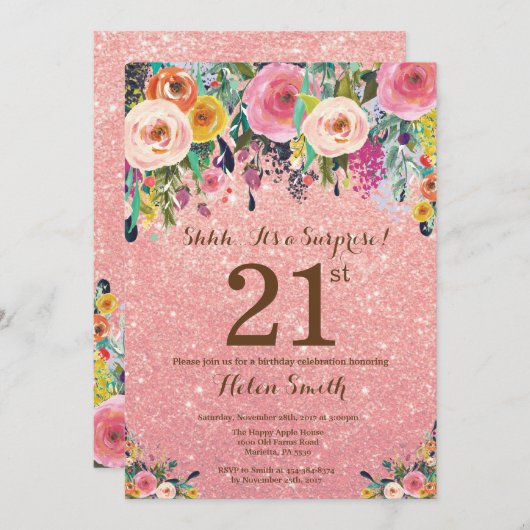 バラ金ゴールドグリッターフローラサプライズ21歳誕生日 招待状 (正面/裏面)