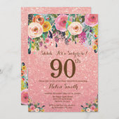 バラ金ゴールドグリッターフローラサプライズ90th誕生日 招待状 (正面/裏面)
