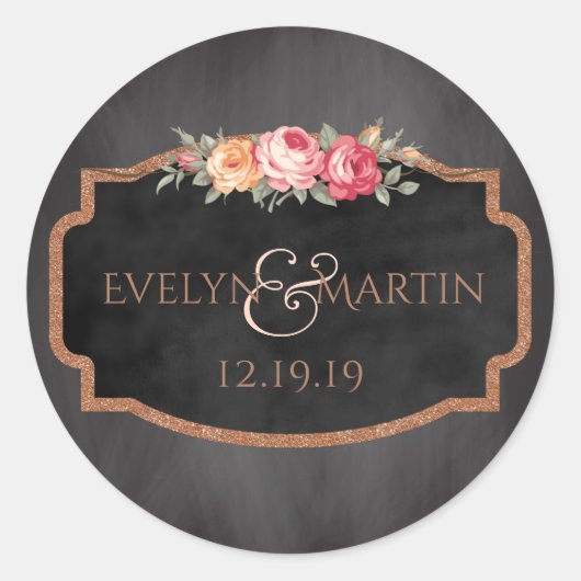 バラ金ゴールドグリッターフローラシャルボード結婚式の引き出物 ラウンドシール (正面)