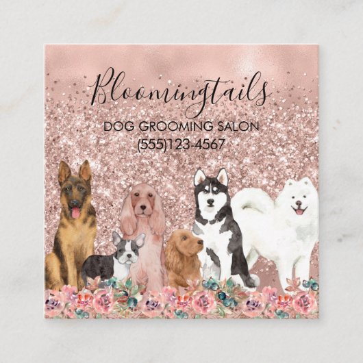 バラ金ゴールドグリッターフローラ水カラードッググルーミング スクエア名刺 (正面)
