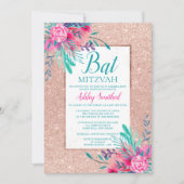 バラ金ゴールドグリッターフローラ水彩バルミツワー 招待状 (正面)