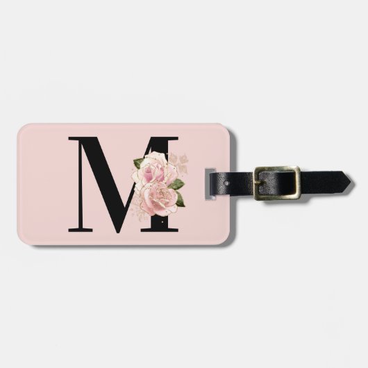 バラ金ゴールドグリッターフローラ赤面およびブラックモノグラム ラゲッジタグ (正面横)