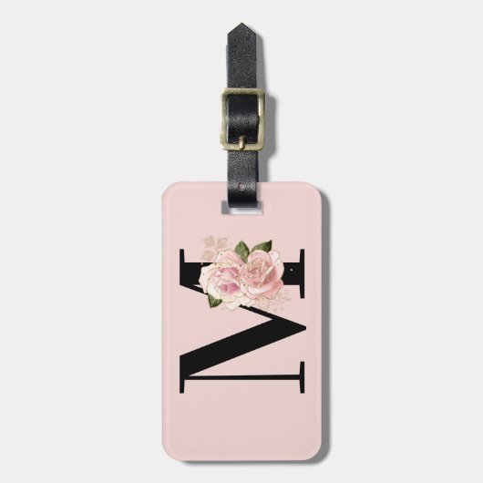 バラ金ゴールドグリッターフローラ赤面およびブラックモノグラム ラゲッジタグ (正面縦)