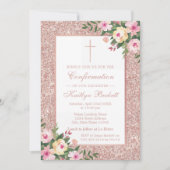 バラ金ゴールドグリッターフローラ《キリスト教》洗礼式や命名式又は洗礼 招待状 (正面)