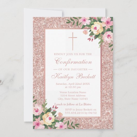 バラ金ゴールドグリッターフローラ《キリスト教》洗礼式や命名式又は洗礼 招待状 (正面)