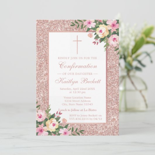 バラ金ゴールドグリッターフローラ《キリスト教》洗礼式や命名式又は洗礼 招待状 (スタンド正面)