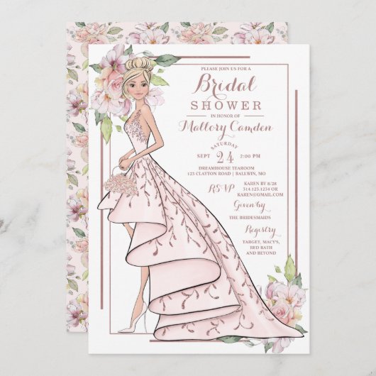 バラ金ゴールドグリッターブライダルシャワー招待 招待状 (正面/裏面)