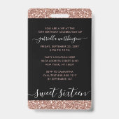 バラ金ゴールドグリッターブラックスウィート16招待状VIP バッジ (Back)