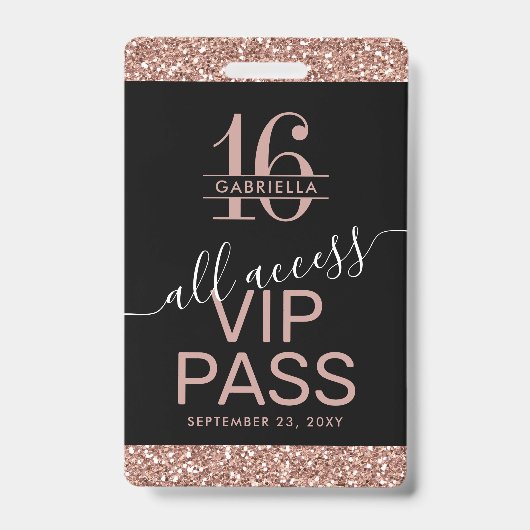バラ金ゴールドグリッターブラックスウィート16招待状VIP バッジ (Front)