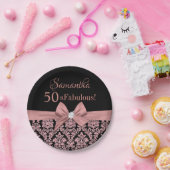 バラ金ゴールドグリッターブラックダマスクボウ50誕生日 ペーパープレート (パーティー)