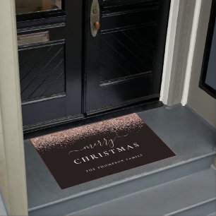 バラ金ゴールドグリッターブラックネームメリークリスマス ドアマット