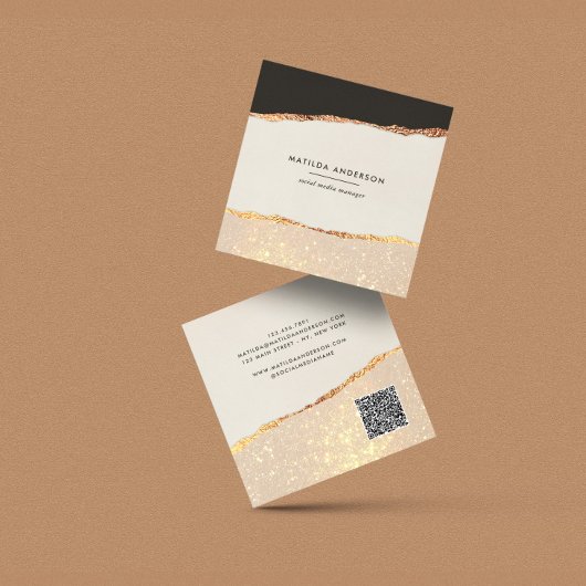 バラ金ゴールドグリッターブラックピンクモダンQRコード スクエア名刺