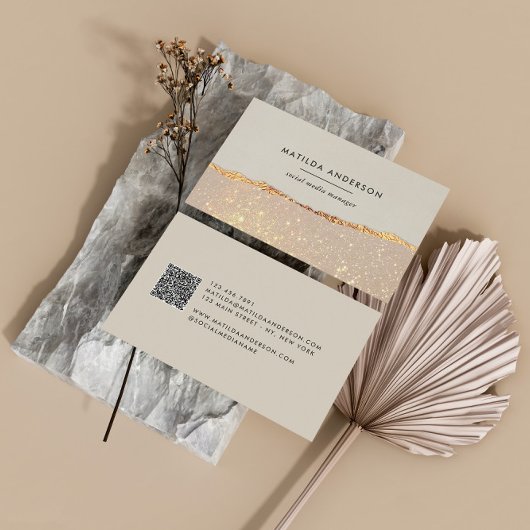 バラ金ゴールドグリッターブラックピンクモダンQRコード 名刺