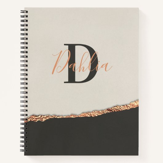 バラ金ゴールドグリッターブラックピンモダンクモノグラム ノートブック (正面)