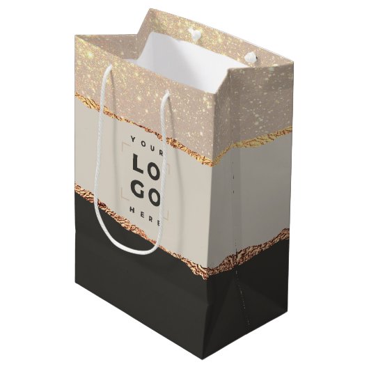 バラ金ゴールドグリッターブラックモダンバジェットエレガントロゴ ミディアムペーパーバッグ (正面アングル)