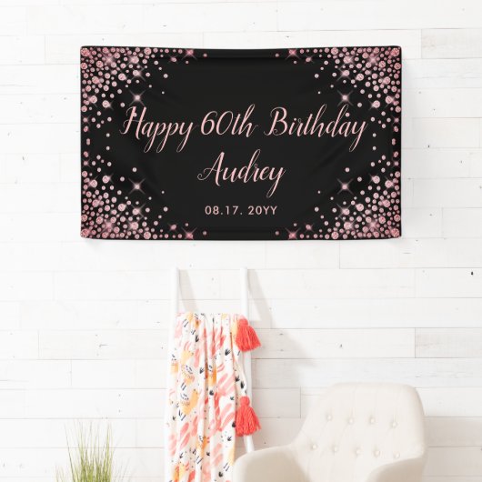 バラ金ゴールドグリッターブラック60th誕生日モノグラム 横断幕 (インサイチュ)